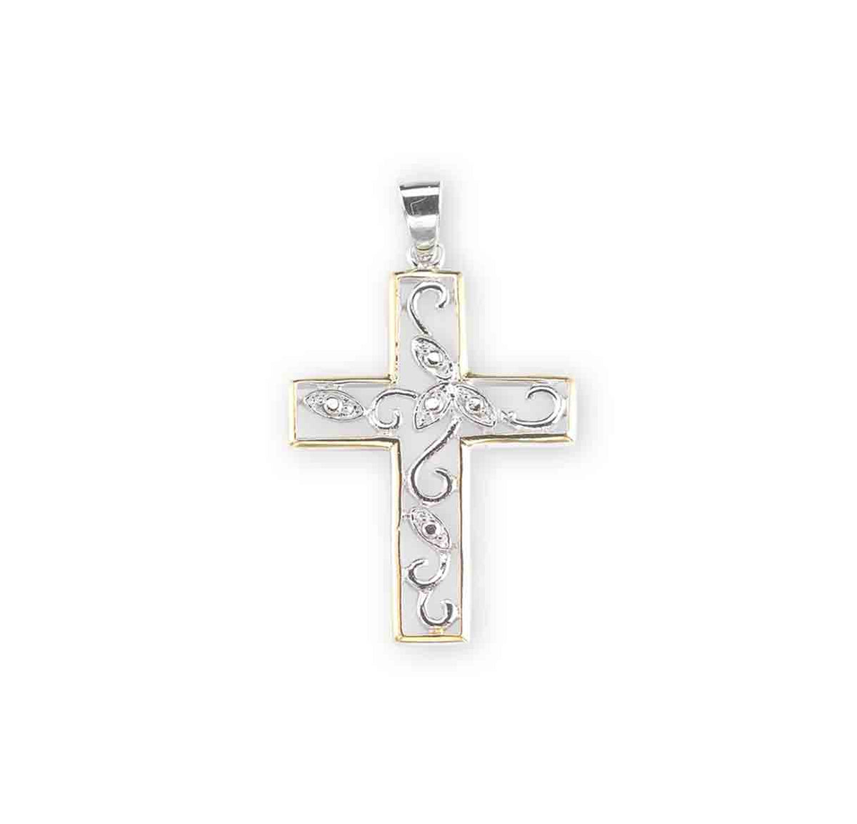 Crystal Cubic Zirconia's "CZ's" Sterling Silver Two Tone Vine Cross