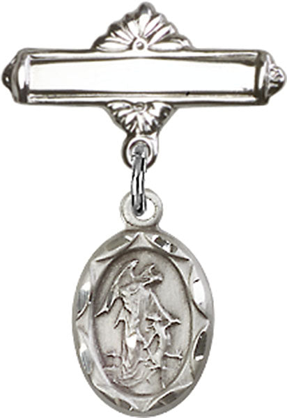 Sterling Silver Baby Badge with Guardian Angel Charm and Polished Badge Pin
