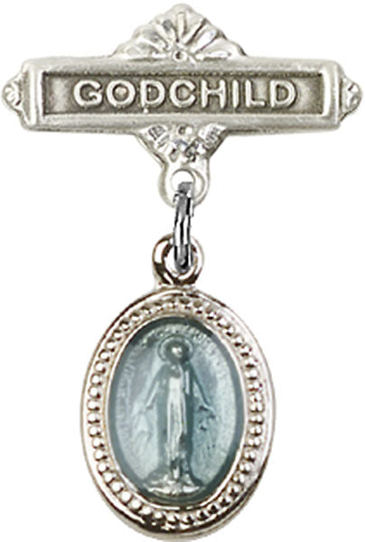 Sterling Silver Baby Badge with Blue Miraculous Charm and Godchild Badge Pin