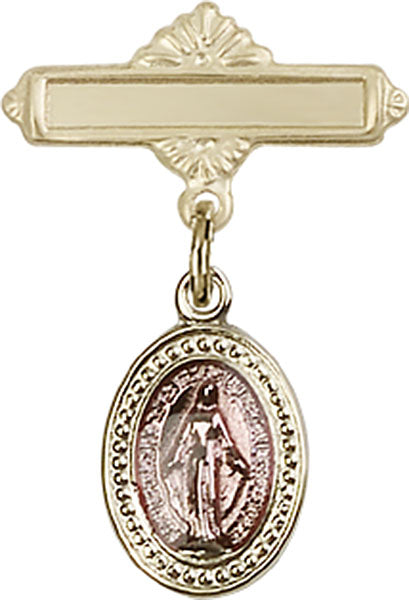 14kt Gold Filled Baby Badge with Pink Miraculous Charm and Polished Badge Pin
