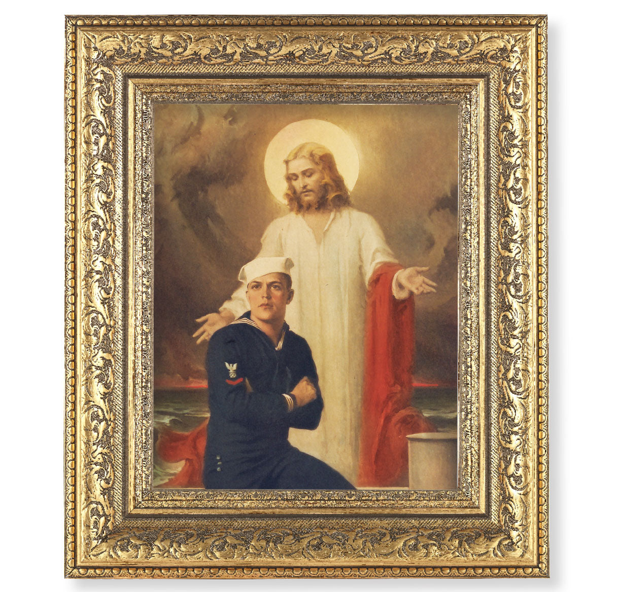 Jesus with Sailor Gold-Leaf Antique Framed Art