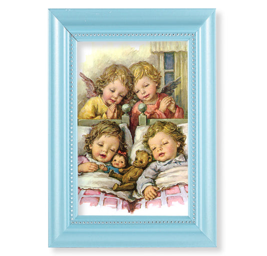 Guardian Angels with Twins Pearlized Blue Framed Art
