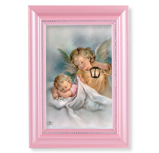 Guardian Angel with Lantern Pearlized Pink Framed Art