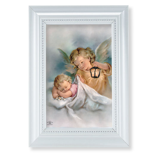 Guardian Angel with Lantern Pearlized White Framed Art