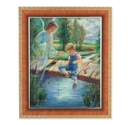 Guardian Angel with Boy Natural Tiger Cherry Framed Art