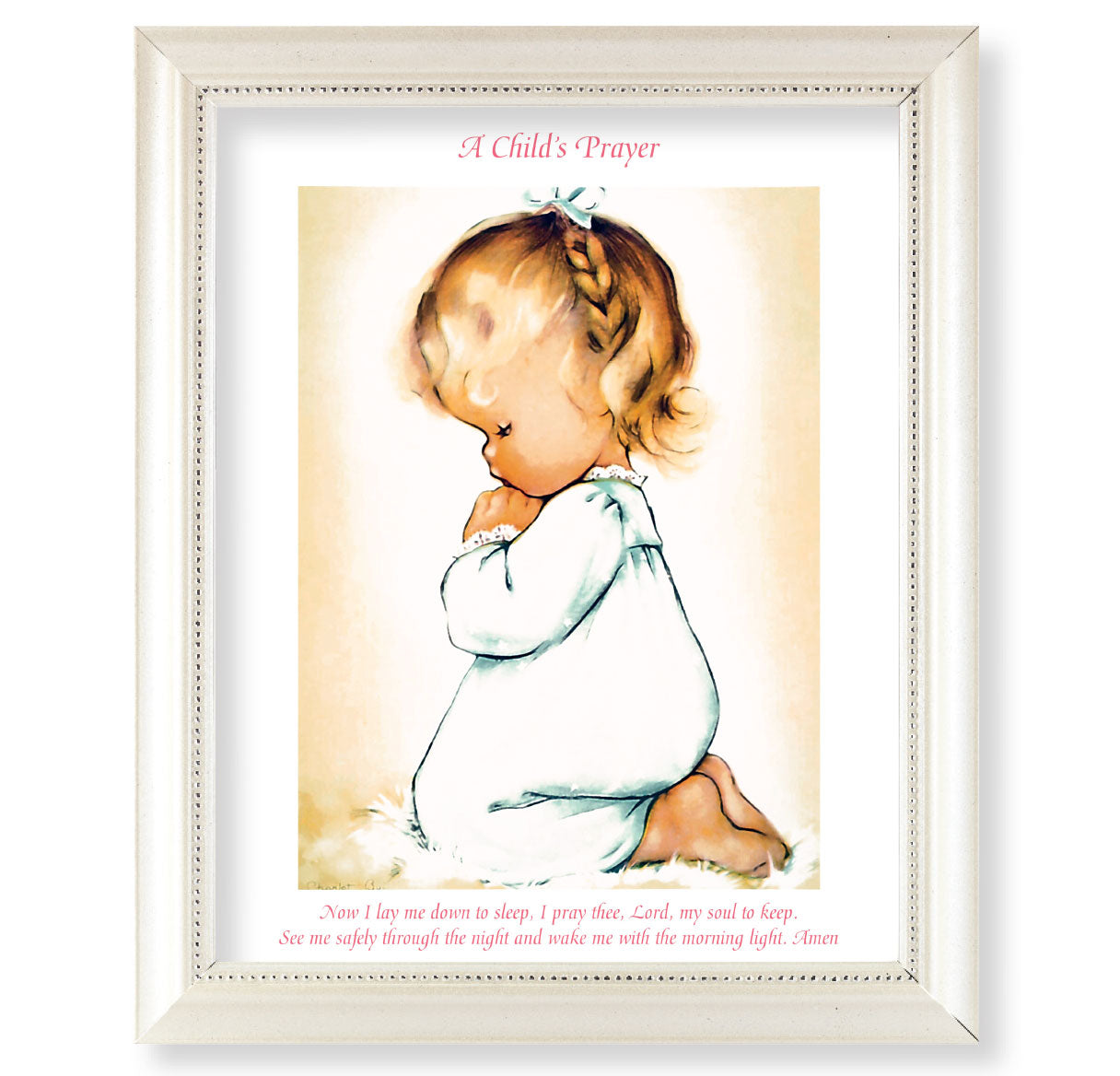 Praying Girl Pearlized White Framed Art