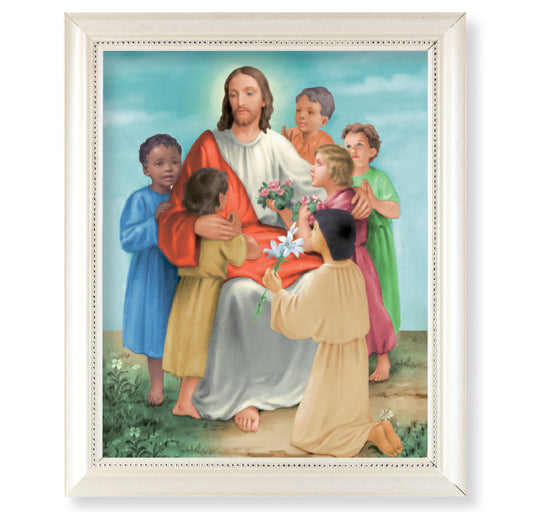 Christ with Children Pearlized White Framed Art