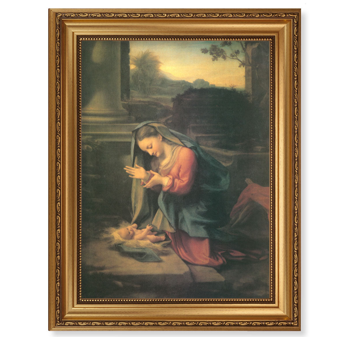 Our Lady Worshipping the Child Antique Gold Framed Art