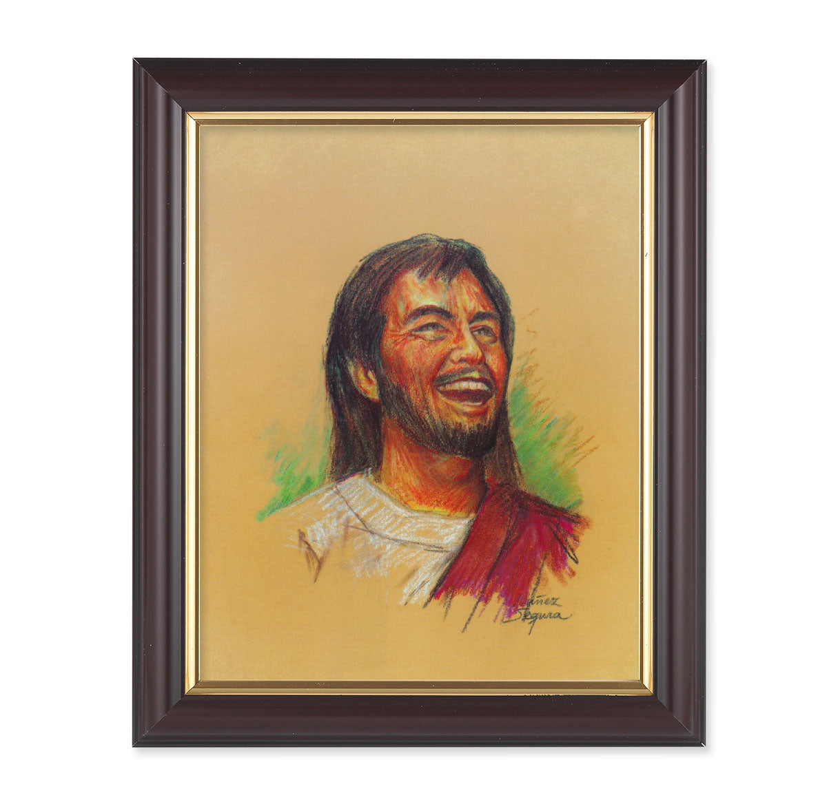 Laughing Jesus Walnut Framed Art