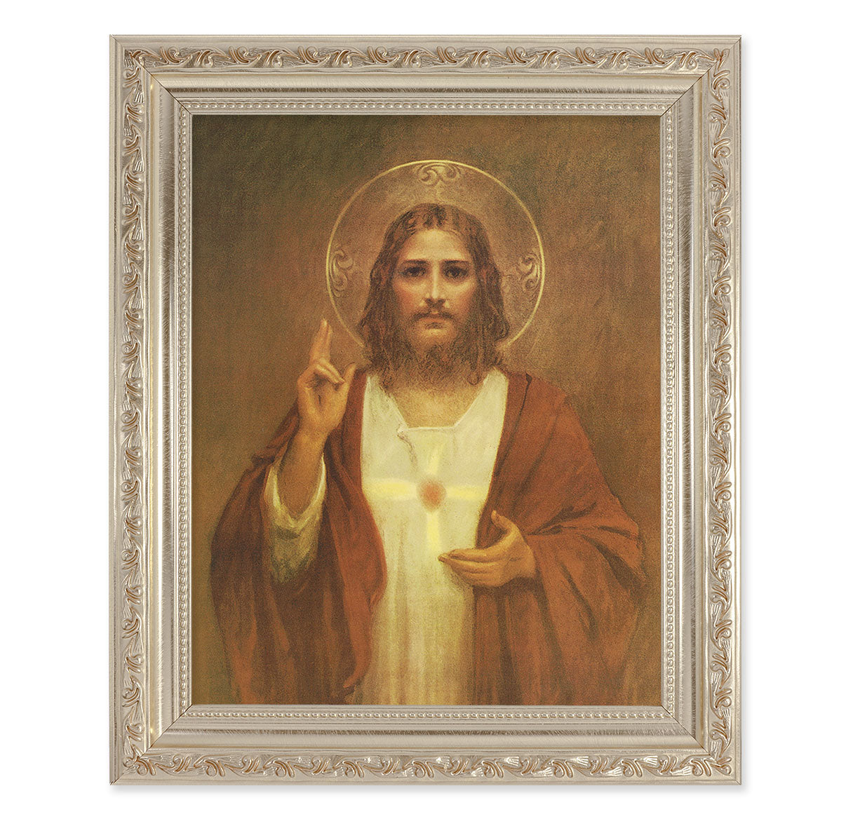 Sacred Heart of Jesus Antique Silver Framed Art