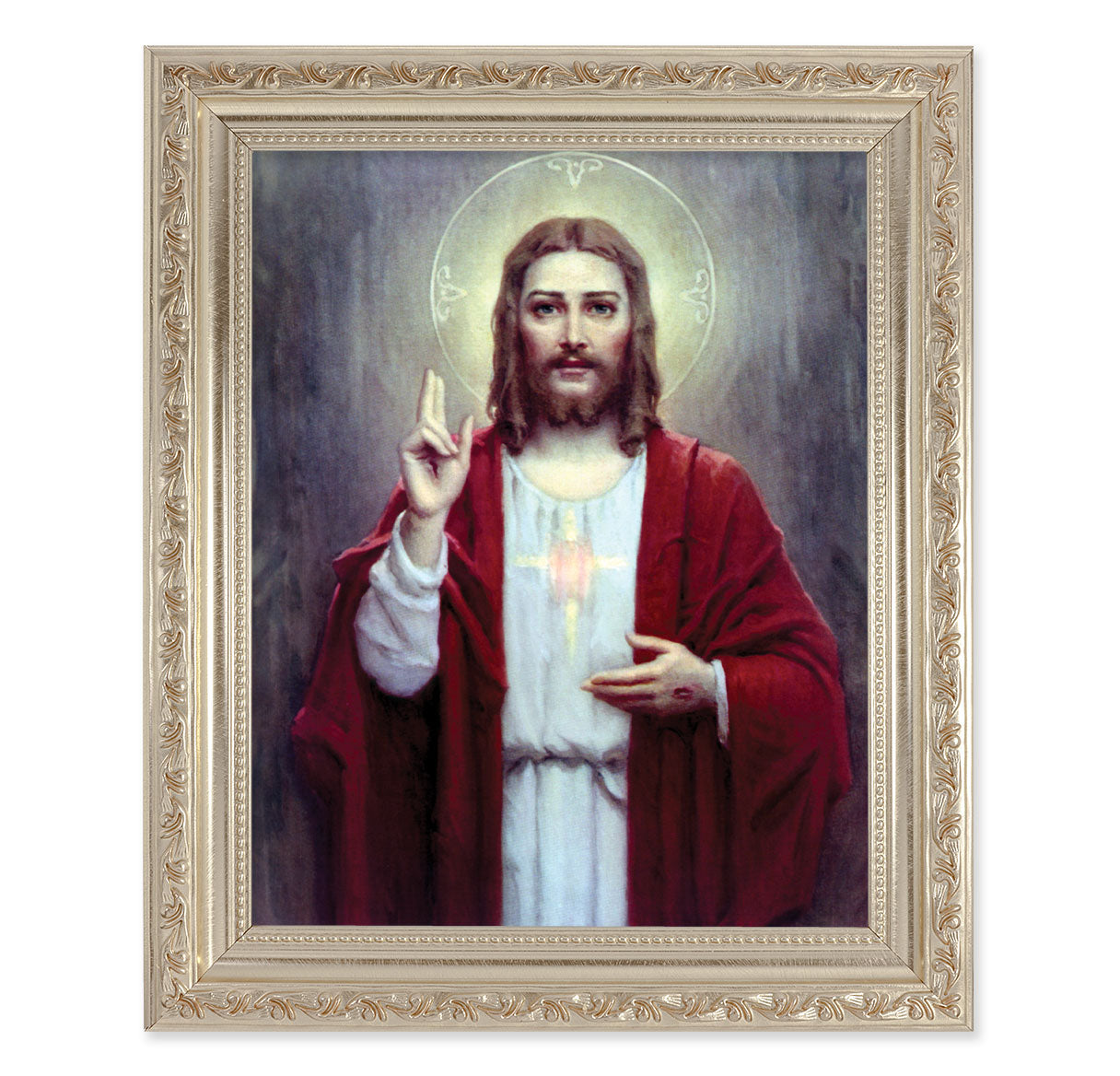 Sacred Heart of Jesus Antique Silver Framed Art