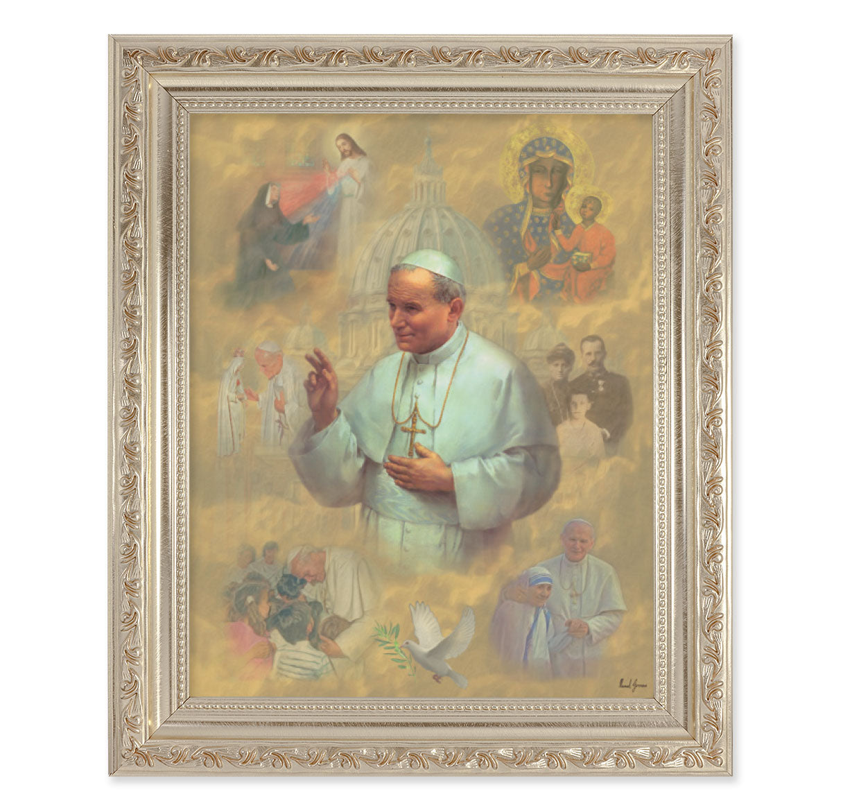 St. Pope John Paul II Antique Silver Framed Art