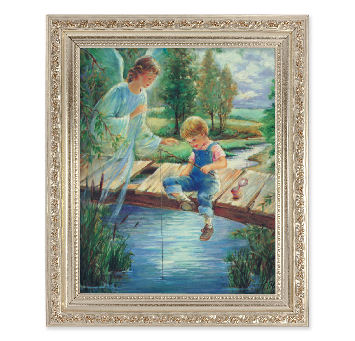 Guardian Angel with Boy Antique Silver Framed Art