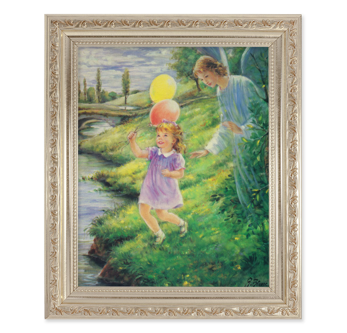 Guardian Angel with Girl Antique Silver Framed Art