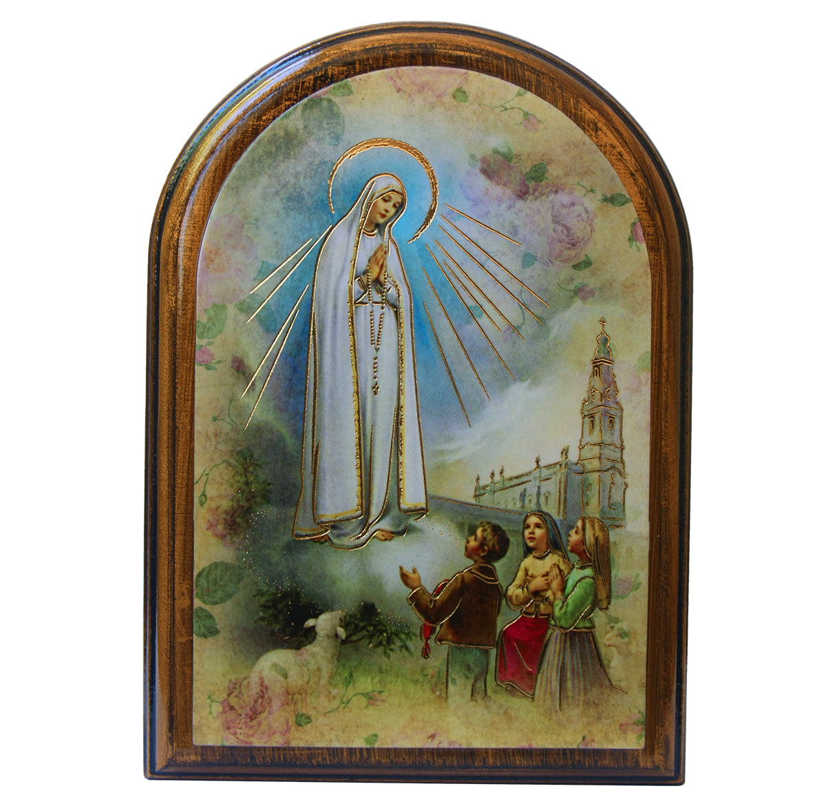 Our Lady of Fatima Antiqued Wood Plaque