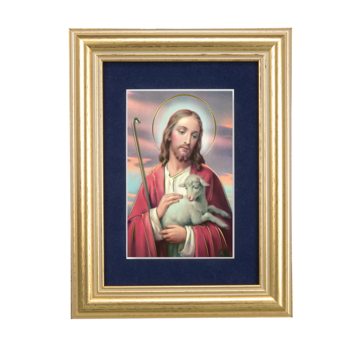 Good Shepherd Gold Framed Art with Blue Velvet Matting