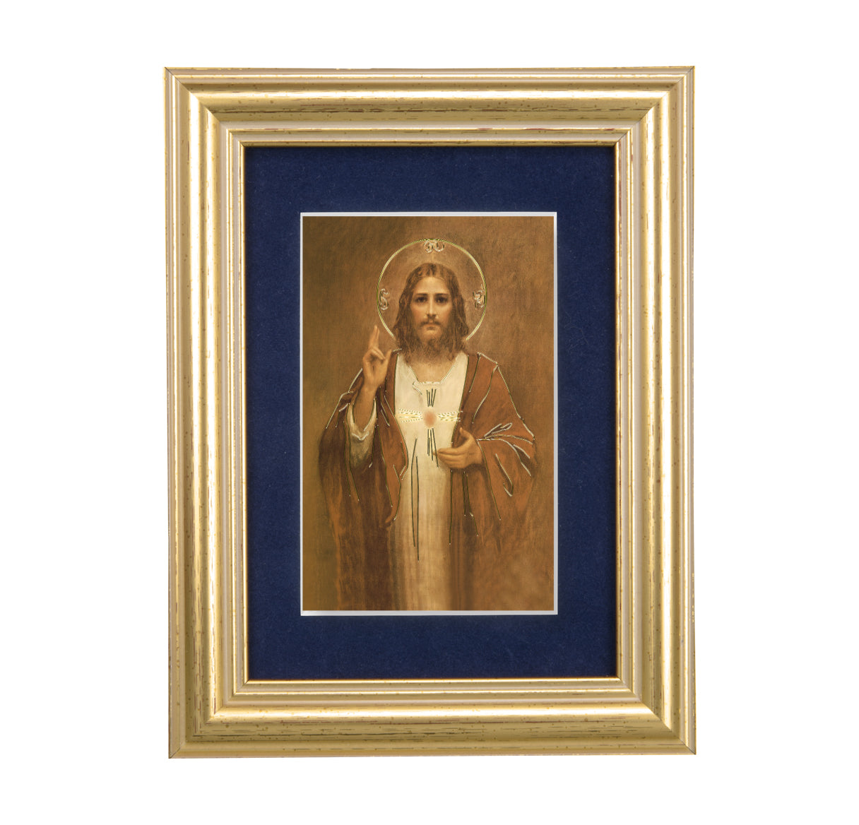 Sacred Heart of Jesus Gold Framed Art with Blue Velvet Matting