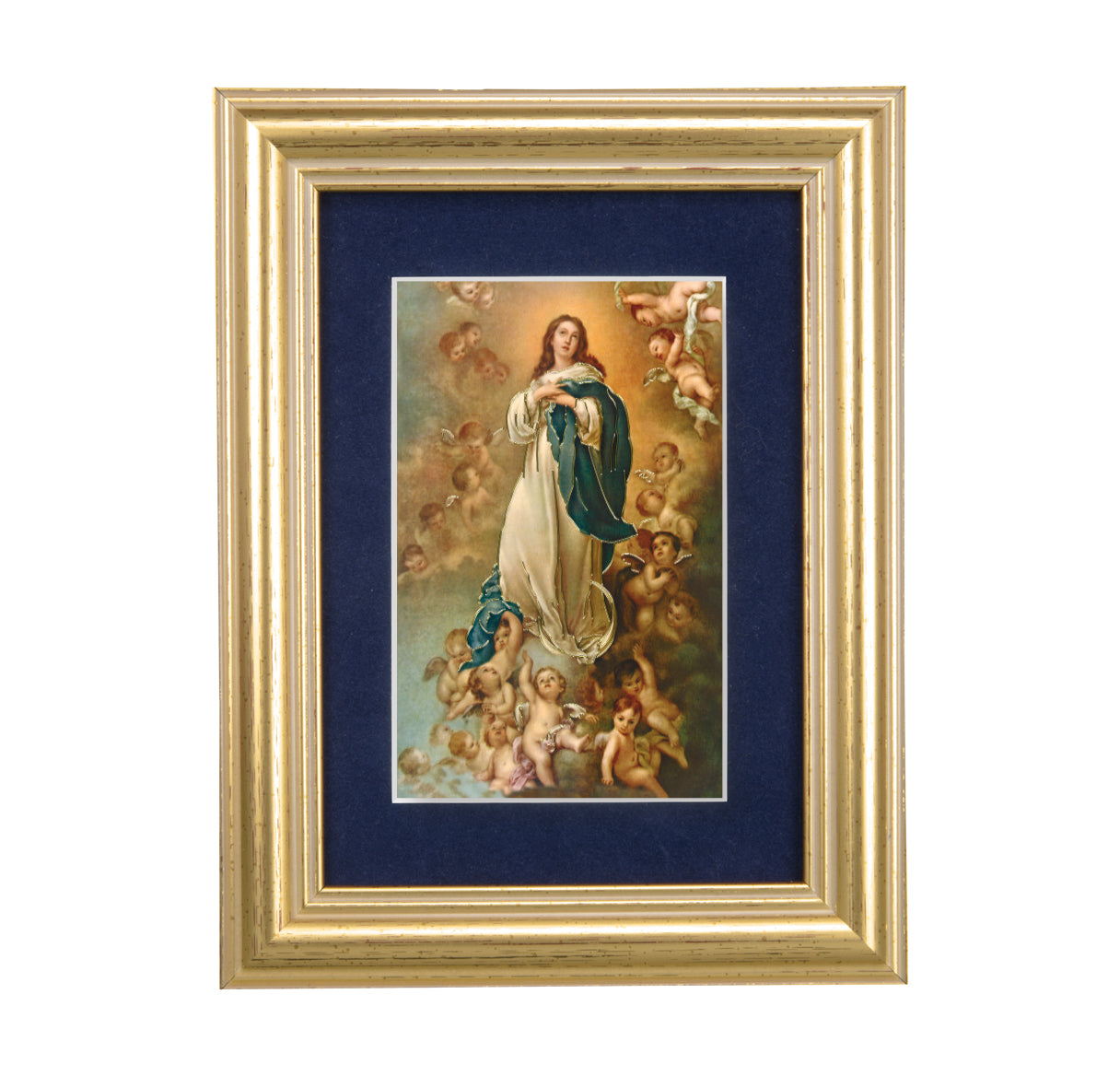 Immaculate Conception Gold Framed Art with Blue Velvet Matting