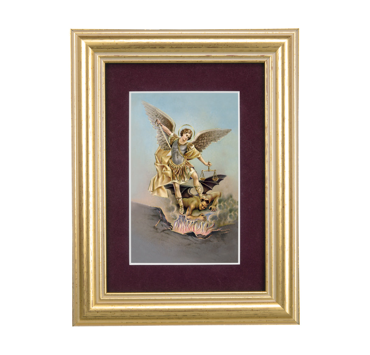 St. Michael Framed Art with Maroon Velvet Matting