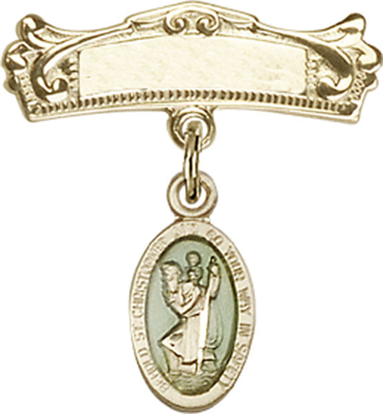 14kt Gold Filled Baby Badge with Blue St. Christopher Charm and Arched Polished Badge Pin