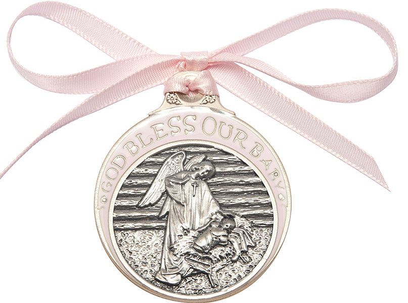 Pewter Baby in Manger Crib Medal with Pink Ribbon