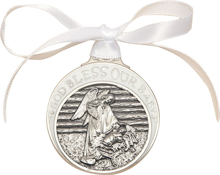 Pewter Baby in Manger Crib Medal with White Ribbon