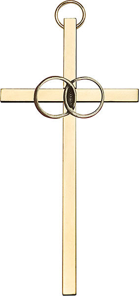 Antique Gold Wedding Rings on a Polished Brass Cross 4"