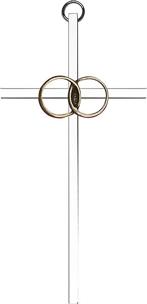 Antique Gold Wedding Rings on a Polished Silver Finish Cross 6"