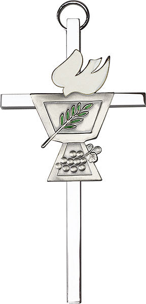 4 inch Antique Silver Confirmation Chalice on a Polished Silver Finish Cross