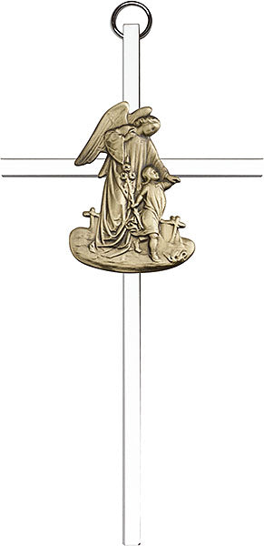 6 inch Antique Gold Guardian Angel on a Polished Silver Finish Cross