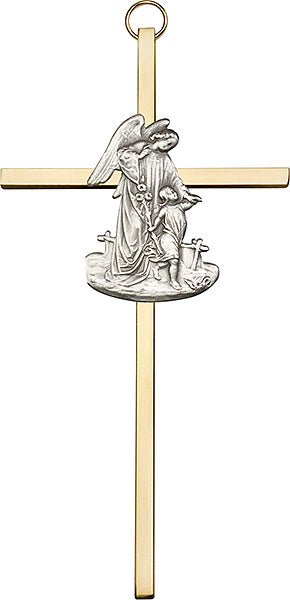 6 inch Antique Silver Guardian Angel on a Polished Brass Cross