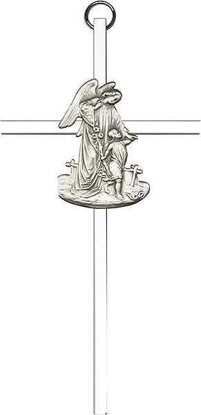 6 inch Antique Silver Guardian Angel on a Polished Silver Finish Cross