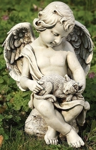 Cherub with Kitten Garden Statue 12"