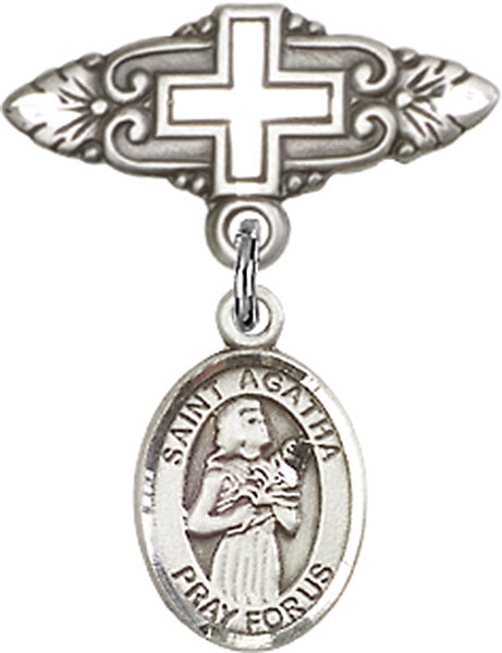 Sterling Silver Baby Badge with St. Agatha Charm and Badge Pin with Cross