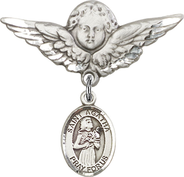 Sterling Silver Baby Badge with St. Agatha Charm and Angel w/Wings Badge Pin