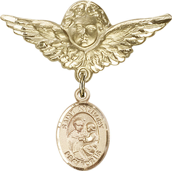 14kt Gold Filled Baby Badge with St. Anthony of Padua Charm and Angel w/Wings Badge Pin