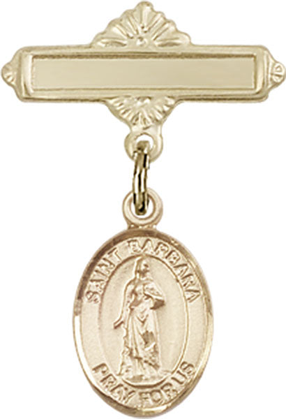 14kt Gold Baby Badge with St. Barbara Charm and Polished Badge Pin