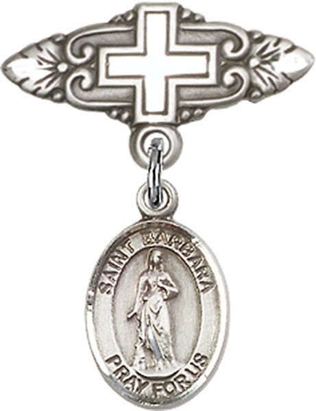 Sterling Silver Baby Badge with St. Barbara Charm and Badge Pin with Cross