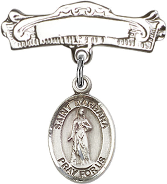 Sterling Silver Baby Badge with St. Barbara Charm and Arched Polished Badge Pin