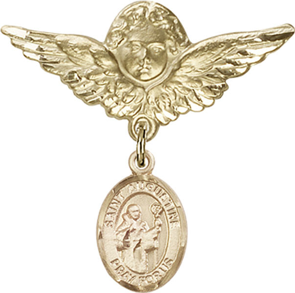 14kt Gold Baby Badge with St. Augustine Charm and Angel w/Wings Badge Pin