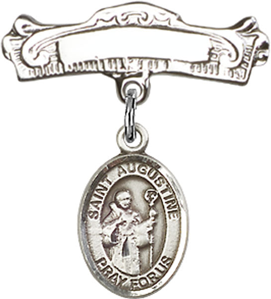 Sterling Silver Baby Badge with St. Augustine Charm and Arched Polished Badge Pin