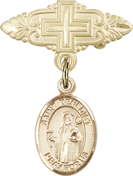 14kt Gold Filled Baby Badge with St. Benedict Charm and Badge Pin with Cross