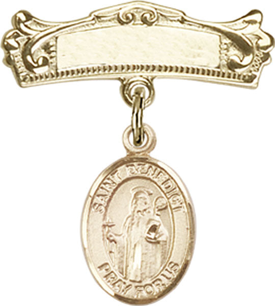 14kt Gold Filled Baby Badge with St. Benedict Charm and Arched Polished Badge Pin