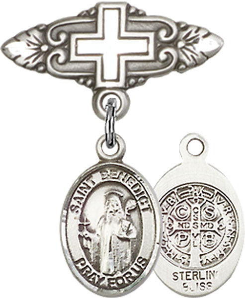 Sterling Silver Baby Badge with St. Benedict Charm and Badge Pin with Cross
