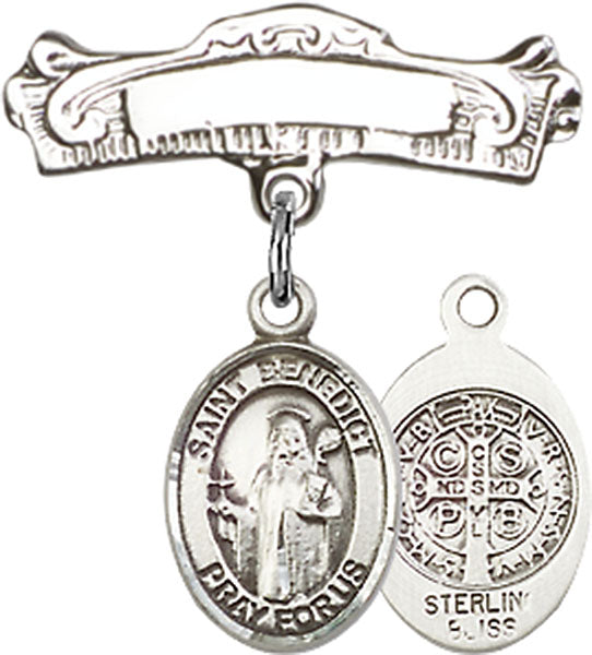 Sterling Silver Baby Badge with St. Benedict Charm and Arched Polished Badge Pin