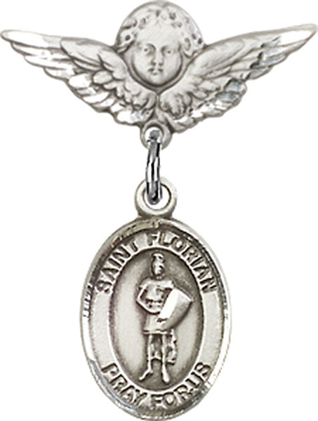 Sterling Silver Baby Badge with St. Florian Charm and Angel w/Wings Badge Pin