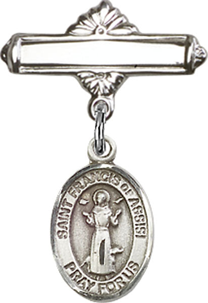 Sterling Silver Baby Badge with St. Francis of Assisi Charm and Polished Badge Pin