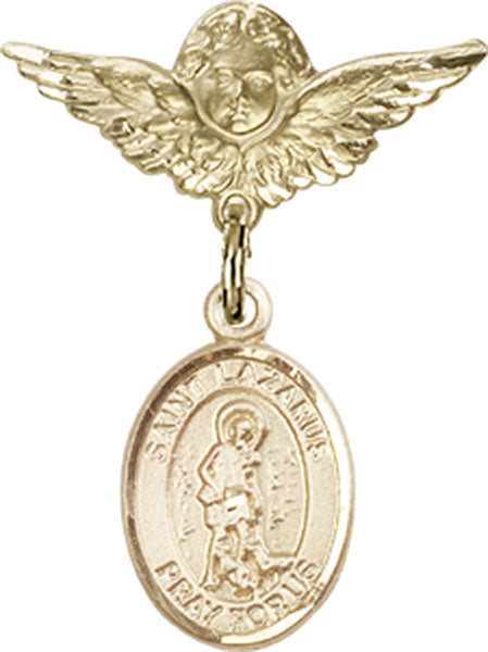 14kt Gold Filled Baby Badge with St. Lazarus Charm and Angel w/Wings Badge Pin
