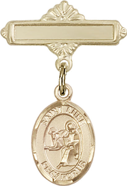14kt Gold Baby Badge with St. Luke the Apostle Charm and Polished Badg ...