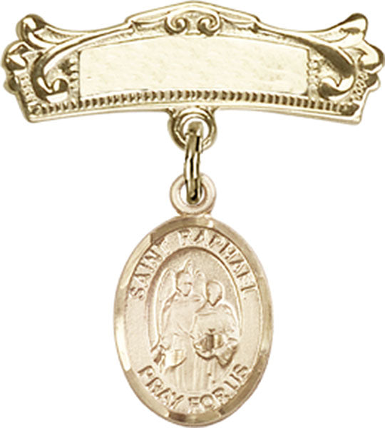 14kt Gold Filled Baby Badge with St. Raphael the Archangel Charm and Arched Polished Badge Pin